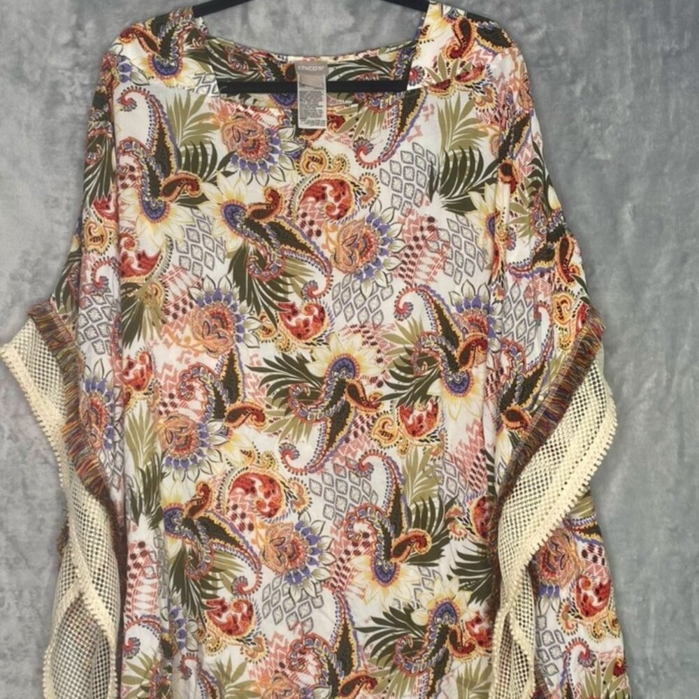 Chico's Multi-Print Poncho L/XL fringed trim, boho beach floral